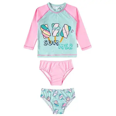 TRIO PRAIA TODDLER 1 CAMISETA FPS 2 CALCINHAS CORES: ROSA E VERDE AGUA